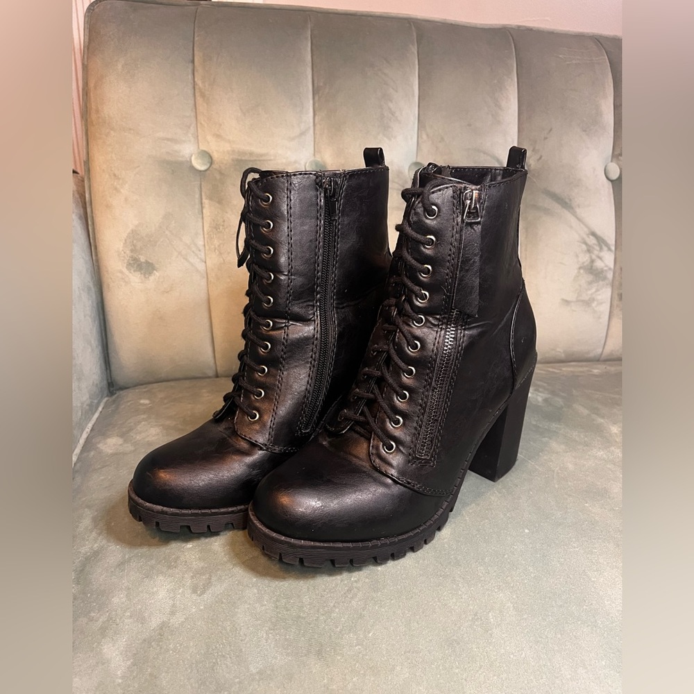 Faux leather lace up block heel boot with treading
